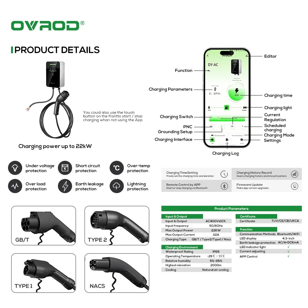 Ovrod Factory Evse Ac 7kw 11kw - đánh giá và giá Ev Charger Type 2 22Kw 32A 3 Phase